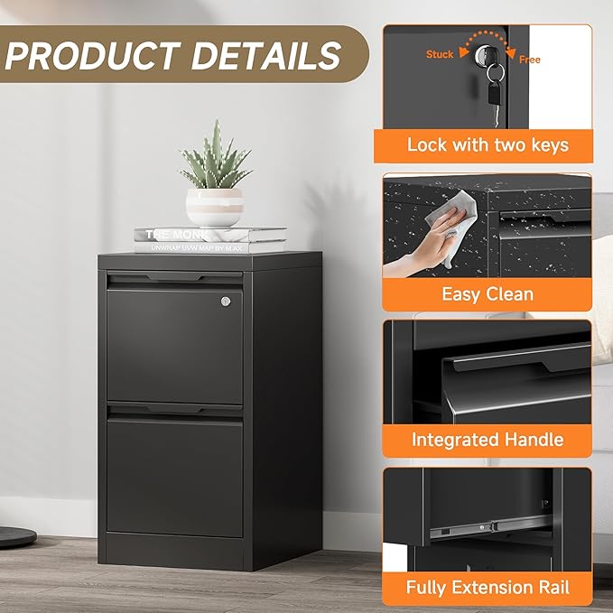 Coolsun 2 Drawer Vertical File Cabinet with Lock, Metal Filing Cabinet for Home Office, Locking File Cabinet for A4/F4/Legal/Letter, Assembly Required (Black, 2 Drawer)