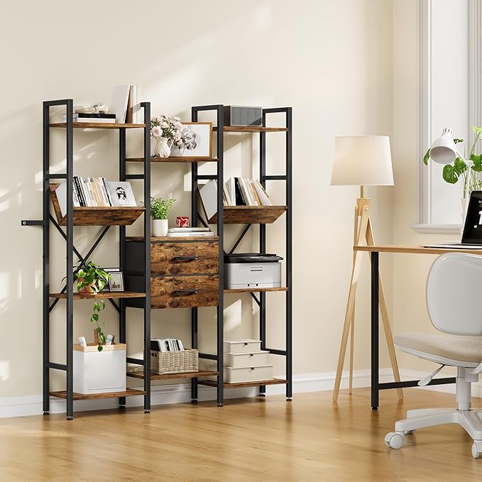 3-Column Bookcase, 55.1" Bookshelf with 2 Non-Woven Fabric Drawers and V-Shaped Shelves, Display Storage Shelf for Living Room, Office, Study, Rustic Brown and Black TSJ03BF