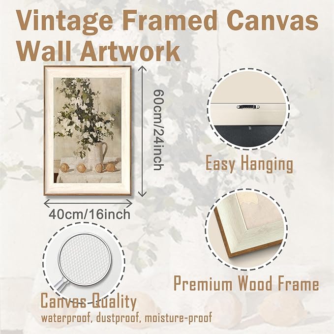 ASTRDECOR Framed Vintage Wall Art, Farmhouse Wall Decor White Flowers Canvas Oil Painting, Vintage Kitchen Decor Floral Wall Art Lemon Botanical North Art Prints for Kitchen Bedroom - 16''x 24''