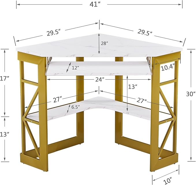VECELO Corner Desk Computer Desk Writing Table with Smooth Keyboard Tray & Storage Shelves,Compact Home Office Triangle Table,Gold & White