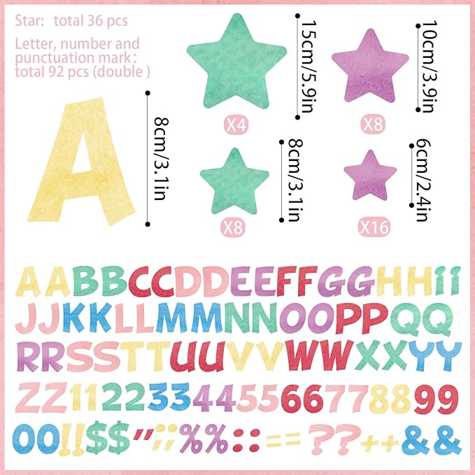 Containlol 188 Pcs Bulletin Board Borders Letters Stars Cutouts Set Include 59ft Poster Board Trims, Alphabet Letter Star Number Punctuation for Classroom(Watercolor)