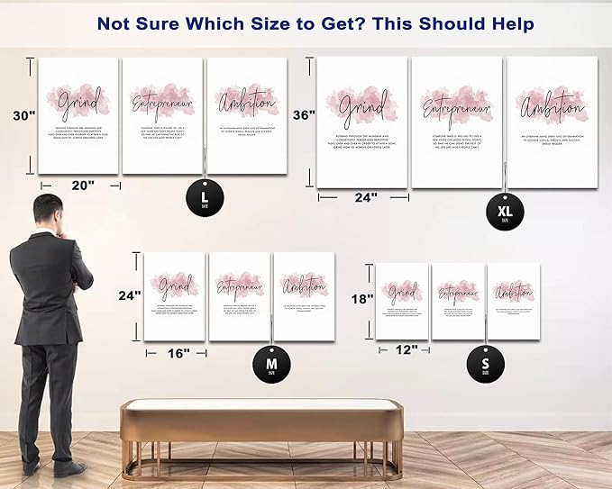 SHMAO Pink Office Canvas Wall Art Motivational Wall Decor, 3 Piece Grind Entrepreneur Ambition Pictures for Office Wall Decor Women Inspirational Framed Artwork Home Office Decor 12”x18”x3 Panels
