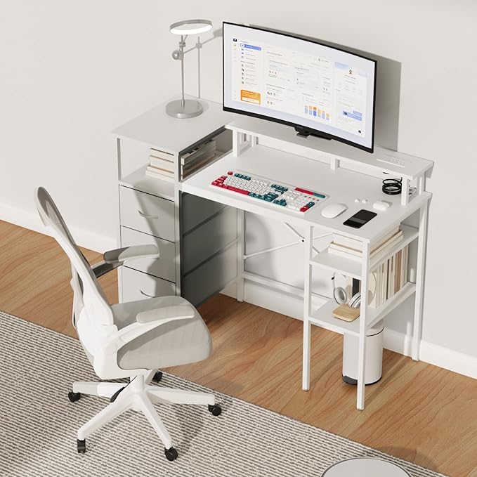 VINGLI 47 Inch L-Shaped Computer Desk, Small Computer Gaming Desk with Fabric Drawers & Storage Shelves, Charging Station, Monitor Stand for Home, Office, White