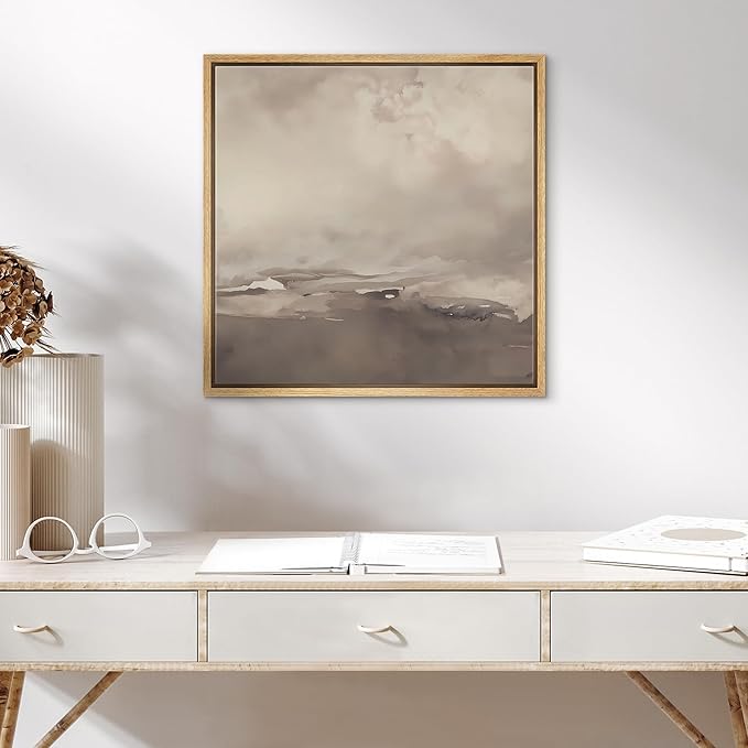 SIGNWIN Framed Canvas Print Wall Art Cloudy Sky Neutral Soft Beige Atmospheric Landscape Illustration Modern Art Decorative Nordic Minimal Calm/Zen for Living Room, Bedroom, Office - 24"x24" Natural