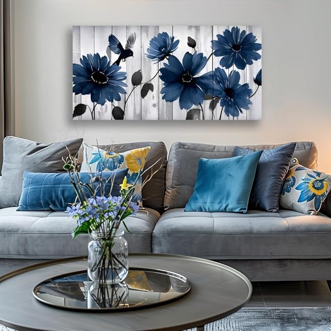 Wall Art Blue Floral Canvas Wall Art Modern Daisy Print with Bird Living Room Decor Gray Wooden Board Background Framed Office Home Decor Size 24 x 48 in