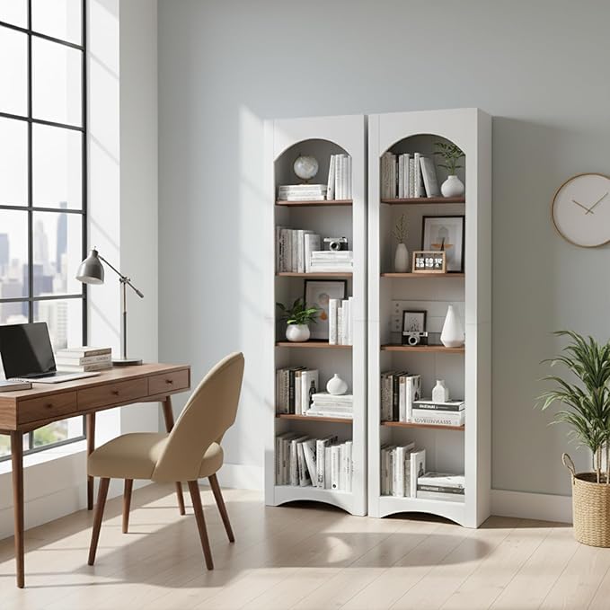 71.6" Tall Farmhouse Bookshelf, 5-Tier Narrow Bookcase & Storage Cabinet, Freestanding Kitchen Pantry Organizer with Adjustable Shelves for Living Room, Home Office, White