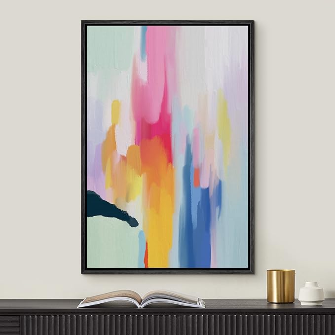MUDECOR Framed Canvas Print Wall Art Watercolor Pastel Paint Strokes Abstract Shapes Illustrations Minimalism Decorative Relax/Zen Colorful Nordic for Living Room, Bedroom, Office - 24"x36" Black