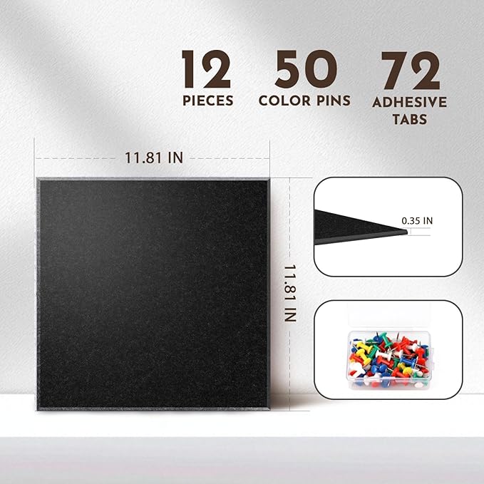 MISSDAY Black Acoustic Wall Panel Felt Bulletin Board 48" x 36" Cork Board for Wall, 12-Pack Boards with 72 Removable Adhesive Tabs, 50 Pins, Pin Board for Home Office Classroom Soundproof Wall Tile