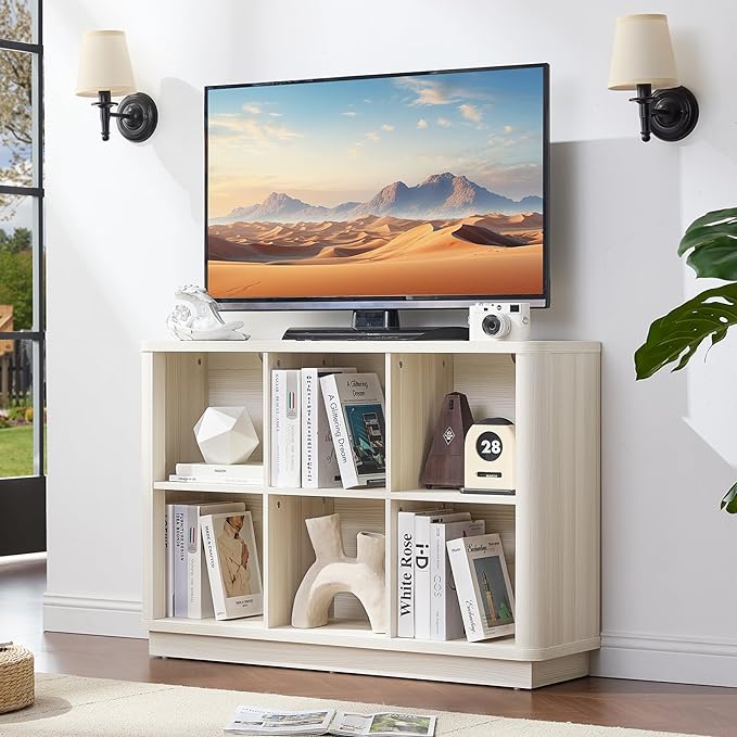 6 Cube Bookcase, 40" Wide Horizontal 2-Tier Book Shelf w/Curved Edge, Wood Low Floor Standing Bookshelf with Base, Modern Short Storage Organizer for Living Room,Office, Gray-White Cream Oak