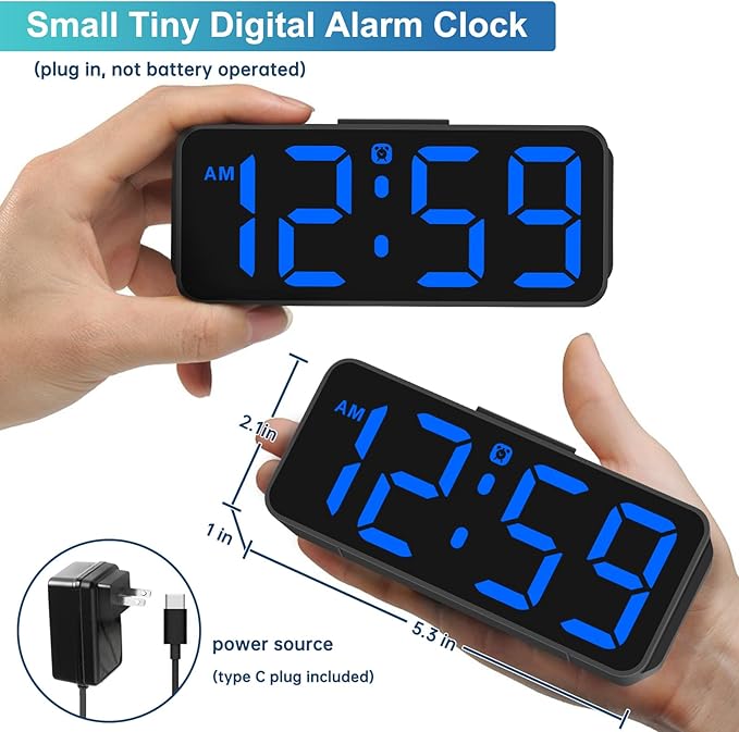 Peakeep Small Digital Alarm Clock Plug in for Bedrooms Bedside, Tiny Electric Clock Large Big Numbers Display with Battery Backup for Desk Table, 6 Dimmers, 5 Adjustable Alarm Volumes (Blue)
