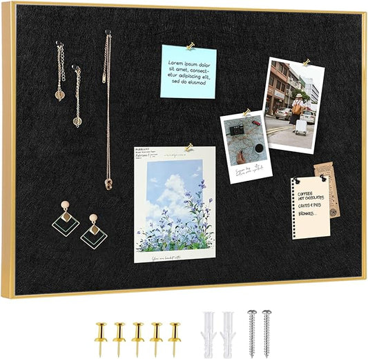 Golden Aluminum Framed Pin Board with Black Felt, Approx. 17 x 13 inches Bulletin Board with Pins, Eye Bolts, gaskets, Screws, Cork Board Alternative for Office, School and Home(AL-BK-3343)