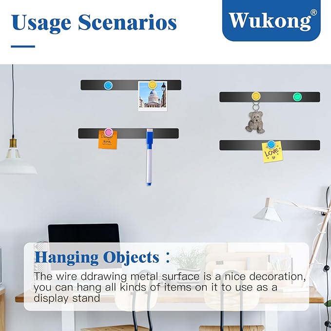 Wukong 10 Pack | 30x3cm(11.81 x 1.18) Magnetic Stainless Black Boards Strips, Adhesive Backing Bulletin Bar Board, Memo Board with 32Pcs Colorful Magnets for Office, Home, Photo Wall, Documents