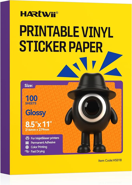Printable Vinyl Sticker Paper-100 Sheets Glossy White Self-Adhesive Sticker Paper 8.5x11"Waterproof Labels, Quick-Drying Vivid Colors & Tear-Resistant Removable, for Inkjet & Laser Printers