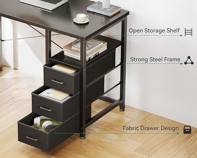 AODK 40-Inch Small Computer Desk with Fabric Drawers, Kids Girls Teen Study Writing Desk for Bedroom, Home Office Desk with Storage Shelf & Bag for Small Space, Black