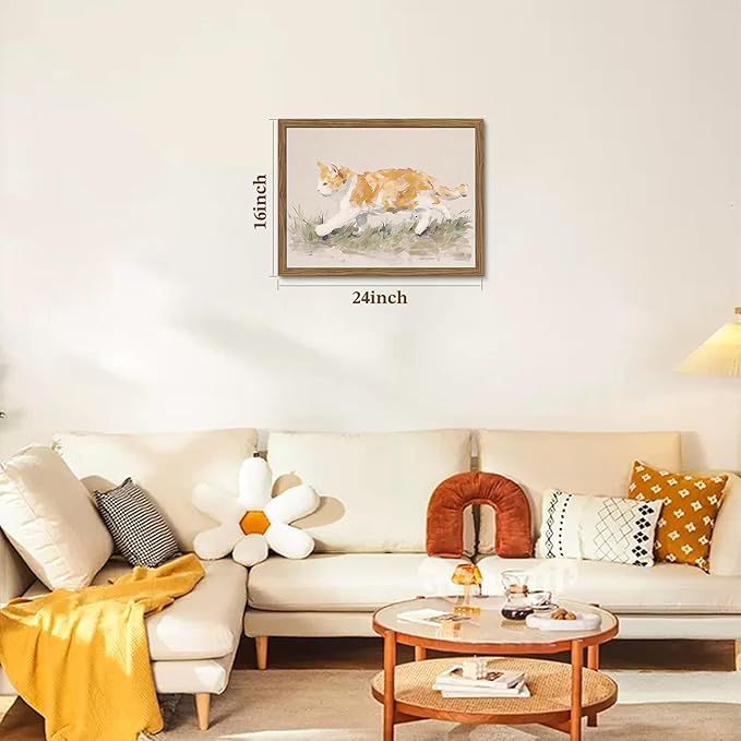Framed Cat Wall Art, Vintage Orange Cat Canvas Wall Decor Picture, Minimalist Cute Animal Artwork Prints Oil Painting, for Living Room Bedroom Nursery Farmhouse Decor 16x24 Inch
