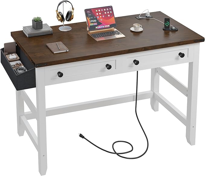 EnHomee Computer Small Desk with Power Outlets, White Desk with 2 Drawers, Small Study Writing Table with Stable Frame for Home Office, Modern Simple Vanity Desks for Bedroom