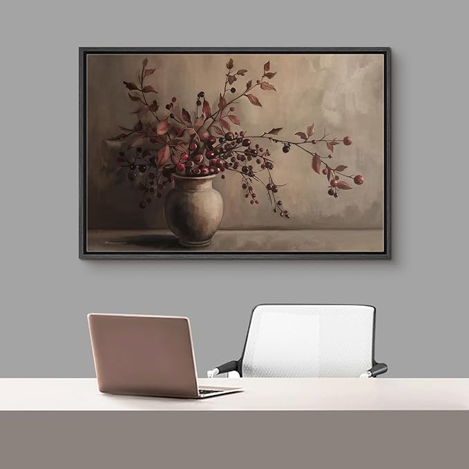 SIGNFORD Framed Canvas Print Wall Art Rustic Berries in Vase Traditional Still Life with Warm Tones Illustrations Modern Art Decorative Relax/Calm for Living Room, Bedroom, Office - 24"x36" Black
