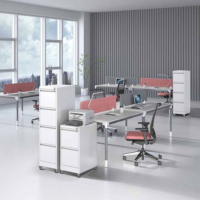 4 Drawer File Cabinet with Wheels, Metal Filing Cabinet with Lock and Wheels, Rolling Filing Storage Home Office, Vertical File Cabinets for Hanging Legal/Letter Size Files, Assembly Required, White