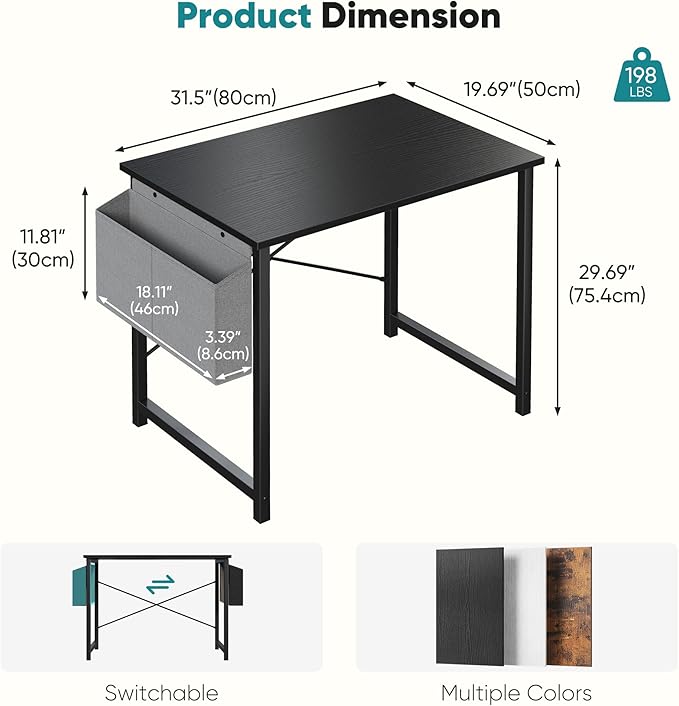 OLIXIS Computer Desk 31 Inch Home Office Desks for Small Spaces, Gaming Writing Study Work Table with Storage Bag for Bedroom, Black