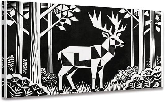 Black White Deer Framed Canvas Wall Art for Nursery, Forest Animal Wall Decor 58" L x 28" W