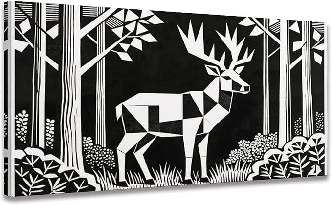 Black White Deer Framed Canvas Wall Art for Nursery, Forest Animal Wall Decor 48" L x 24" W