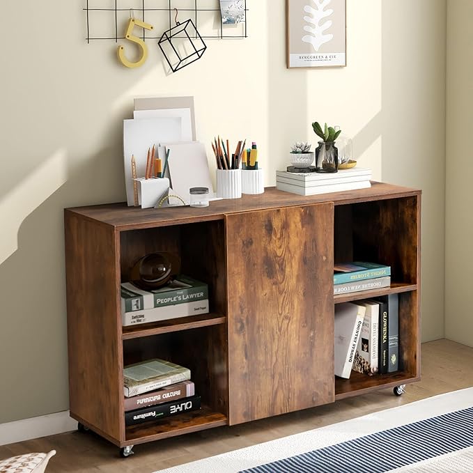 Lateral File Cabinet, Wood Storage Cabinet with Doors and Shelves, Kitchen Buffet Sideboard with 6 Universal Wheels, Modern Printer Stand, Mobile Filing Cabinets for Home Office (Rustic Brown)
