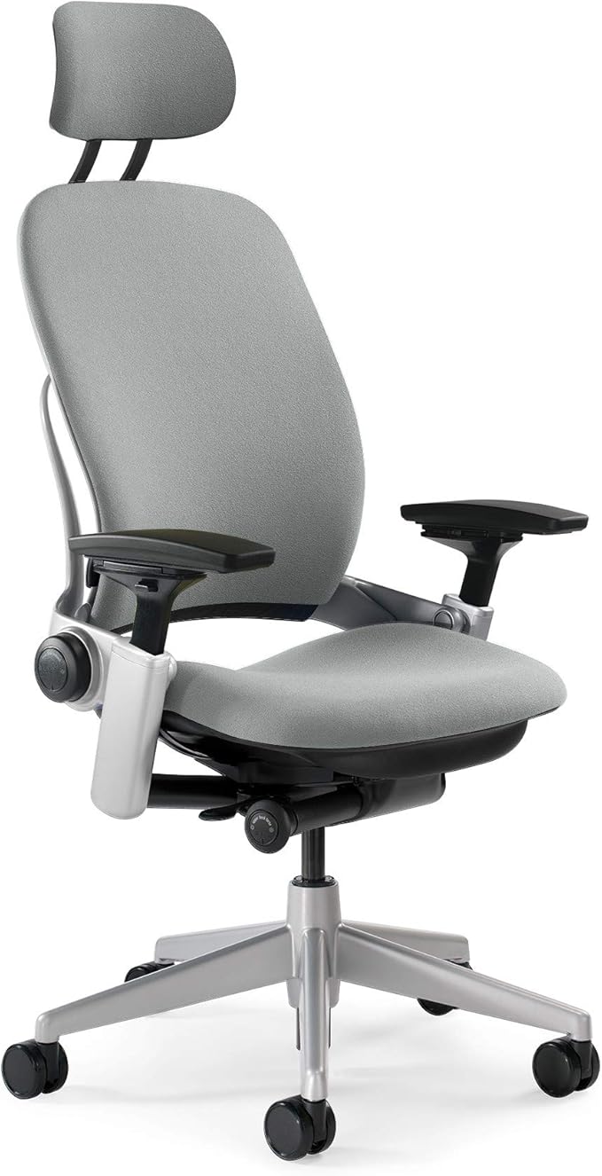 Steelcase Leap Task Chair: Platinum Base - 4D Adjustable Arms - Headrest - Hard Floor Casters