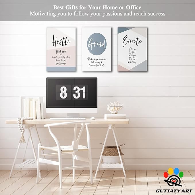 Office Wall Art - 3 Panel Motivational Wall Art, Inspirational Quotes Canvas Art for Home Office Wall Decor, Positive Quotes Wall Decor, Entrepreneur Grind Hustle Execution Poster Frame (12”x18”x3Pcs)