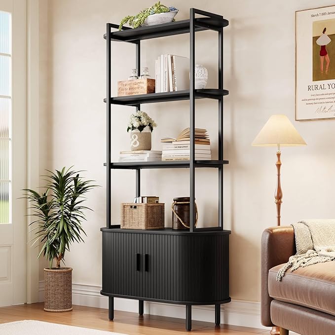 5 Tier Tall Bookshelf with Cabinet, Fluted Bookcase with Sliding Door, Metal and Wood Display Shelf, Free Standing Storage Shelving Unit, Corner Storage Organizer for Living Room, Home Office, Black
