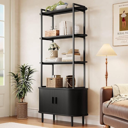 5 Tier Tall Bookshelf with Cabinet, Fluted Bookcase with Sliding Door, Metal and Wood Display Shelf, Free Standing Storage Shelving Unit, Corner Storage Organizer for Living Room, Home Office, Black