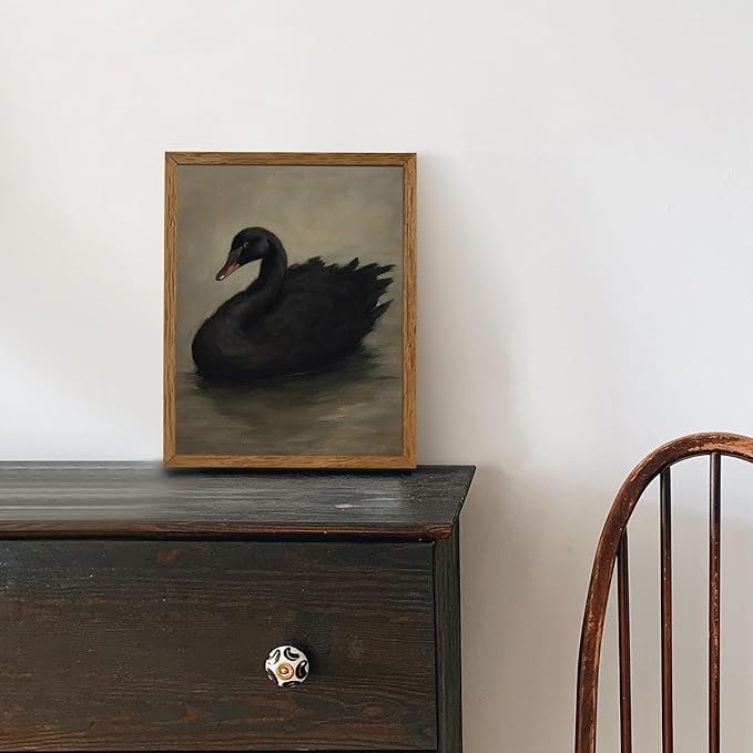 AVECCO Framed Vintage Gothic Black Swan Canvas Wall Art, Rustic Farmhouse Wall Decor, Unique Animal Art Prints for Kid's Room Bathroom Bedroom Living Room Office Home Decoration Ready to Hang 8x10 In