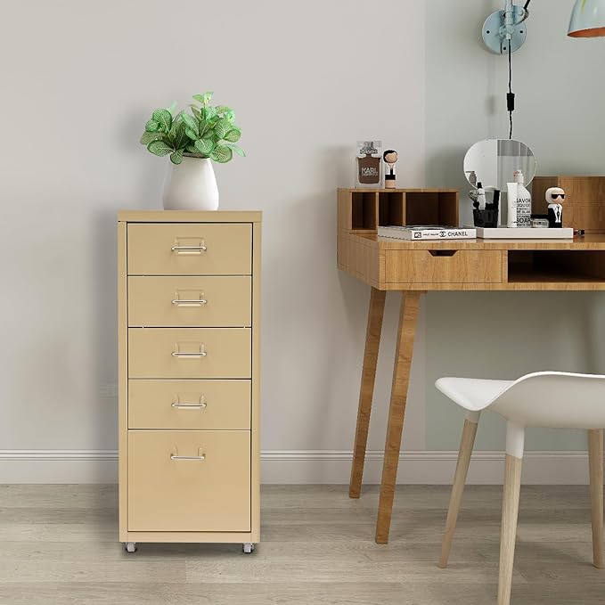 Metal File Storage Cabinet,Side Storage Organizer,Freestanding Storage Unit,Metal Garage Storage Drawers,Storage Cabinet with 5 Drawers and Wheels for Office,Home,School，Beige,11*16.1*27.1in