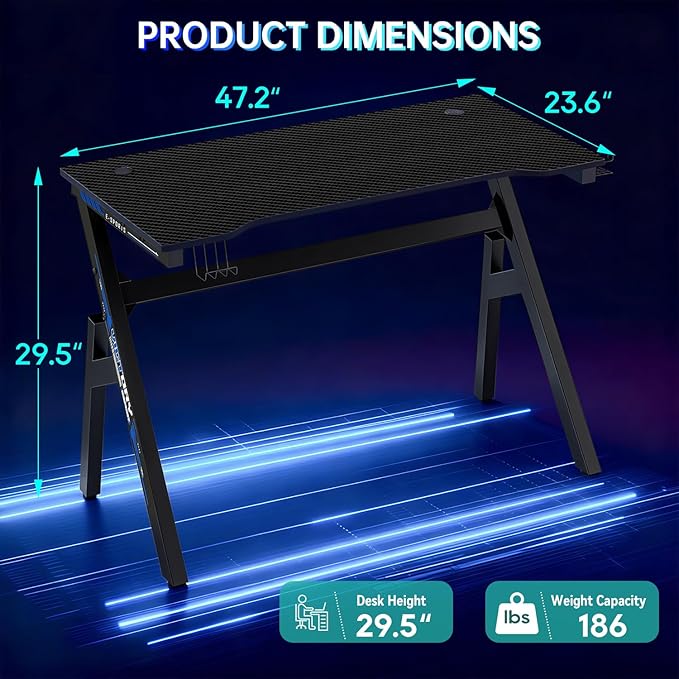 BestOffice | 47" Gaming Desk | Black & Blue | Carbon Fiber Textured Computer Desk | Sturdy Steel Frame,Cup Holder, Headphone Hook, Cable Management Holes, Adjustable Leg Pads | for Gamers,Home,Office