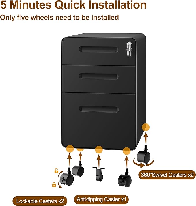 File Cabinet, Mobile Filing Cabinet with Lock, All Steel Structure Printer Stand, Fully Assembled Except Casters, Under Desk Storage for Home Office, 3 Drawers Document Organizer, Black