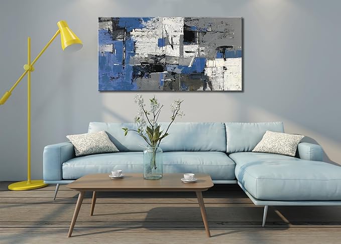 Large Abstract Wall Art for Living Room - Blue Grey and White Print Paintings -Framed Modern Canvas Artwork Decor for Bedroom Bathroom Office – Large 20"x40" Textured Artwork, Ready to Hang