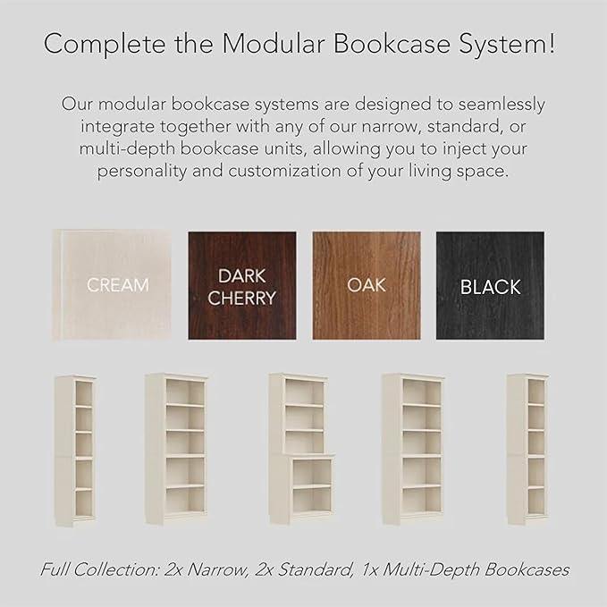 JAHRSTIM Halston Multi-Depth Bookcase, Adjustable Storage Shelving Unit with Doors for Home and Office Space, 31.5”L x 15.75”W x 72.8”H, Cream