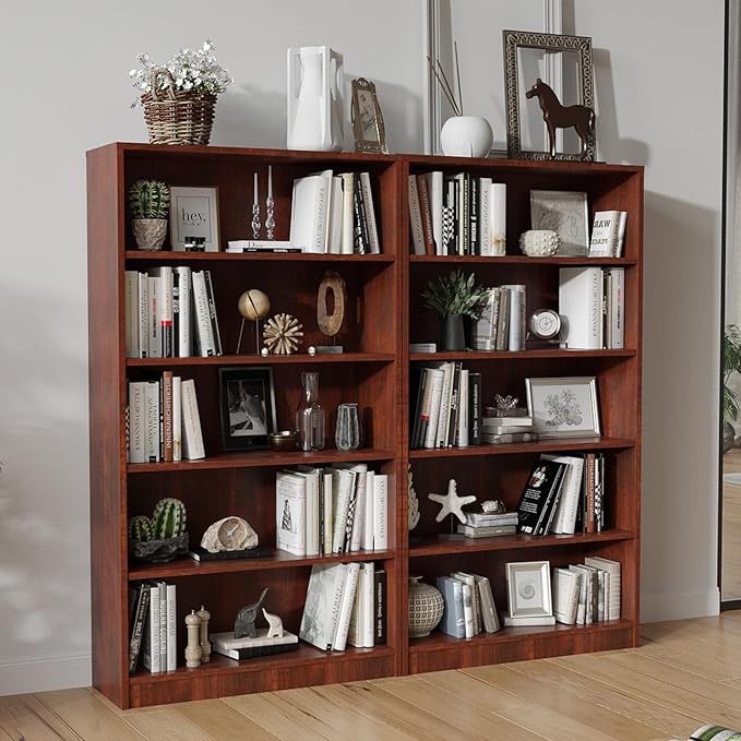 Bookcase Adjustable Storage Shelves,5-Tier Modern Wood Bookcase for Bedroom,60-Inch Bookshelf, Office, Living Room & Library(Cherry)