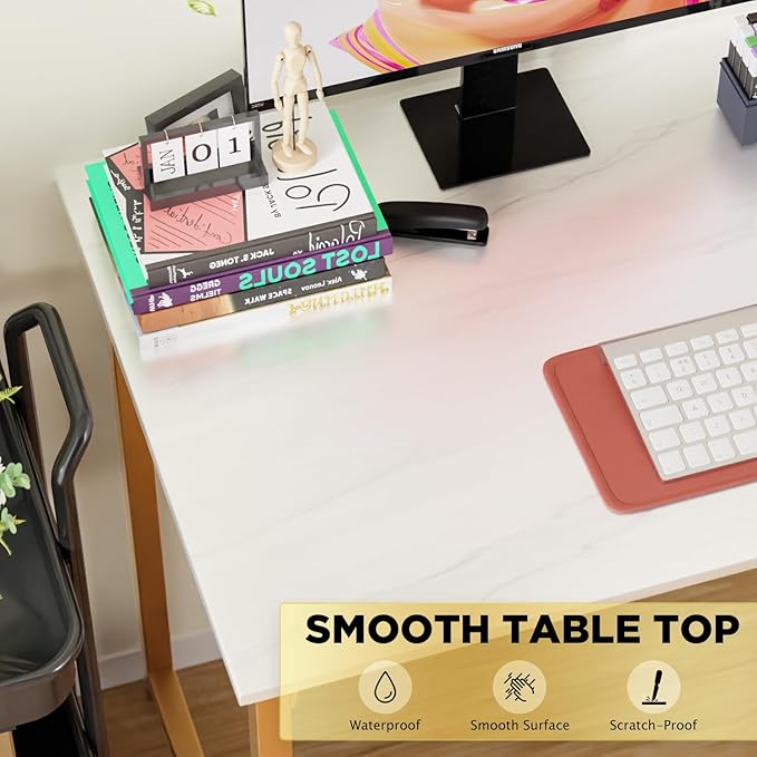 Dkelincs 47 Inch Computer Desk Home Office Desk Gaming Writing Desk Modern Simple Style Study Work Table with Metal Frame, Large Legroom, Adjustable Feet, Water-Resistant, Scratchproof Surface, Gold