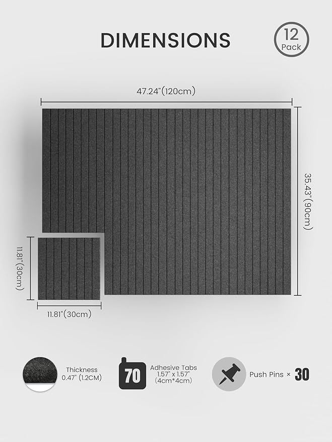 Bumusty Large Cork Board Alternative-48 x 36" Felt Bulletin Board Tiles, with 30 Pushpins, 70 Adhesive Tabs, 12-Pack Slat Wall Paneling, Cork Boards for Office Push Pin Board Felt Board-Charcoal Gray