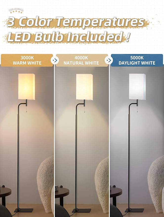 Modern Floor Lamps with 3 Color Temperatures, Minimalist Pole Lamp with Square Linen Shade & Flat Base for Living Room, Bedroom, Office or Kids Room