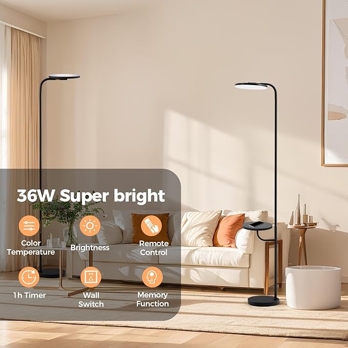 36W LED Floor Lamp with Table & Shelves, Minimalist Stepless Dimmable Torchiere with Dual Control (Remote & Touch), 350°Rotating Head Reading Floor Lamp for Living Room, Bedroom, Office