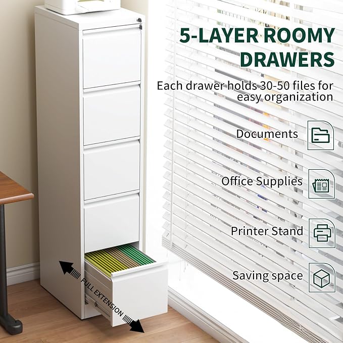 5 Drawer File Cabinet with Lock, Vertical Filing Cabinets for Home Office, Locking File Cabinet Hanging Files for A4/ Legal/Letter, Require Assembly, White