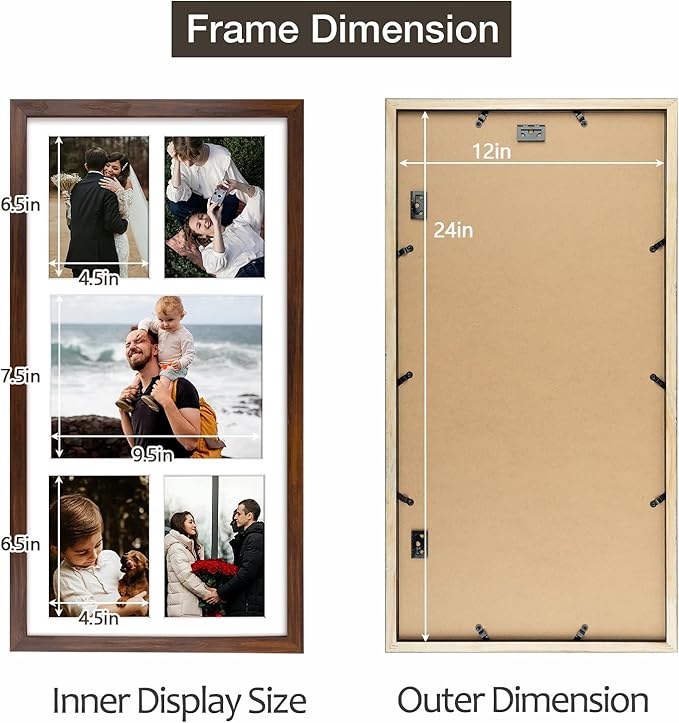 Golden State Art 12x24 Brown Wood Picture Frame - White Mat for 8x10 and 5x7 Photos - Real Glass, Sawtooth Hanger, Swivel Tabs - Wall Mounting - Great for Posters, Weddings, and Engagements