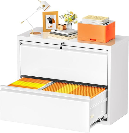 INTERGREAT White File Cabinet 2 Drawer, Metal Lateral Filing Cabinet with Lock, Office File Cabinets with Anti-tilt Mechanism for Letter/Legal/A4/F4, Easy Assemble
