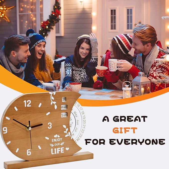 2-in-1 Natural Wood Desk Clock & Calendar - Battery Operated Silent Non-Ticking Analog Table Clocks Perpetual Calendar for Office, Bedroom, Study, Bedside - Vintage Home Shelf Desktop Decor