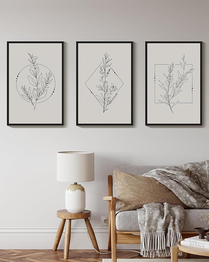 Drsoum Minimalist Flower Wall Art Vintage Wall Hanging Decor Black Line Botanical Prints Artwork for Bedroom Living Room Hallway 16x24in Black Framed