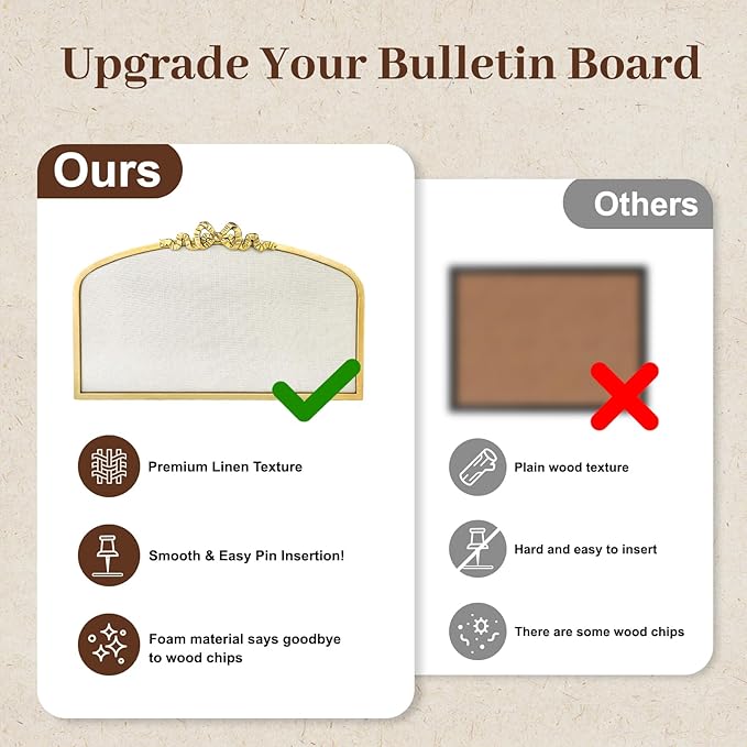 Vintage Arched Linen Cork Bulletin Board with Gold Bow – 24"x 15" Elegant Decorative Pin Board for Walls, Metal Frame Vision Board for Notes, Photos, Inspiration, Chic Home Office Decor for Women