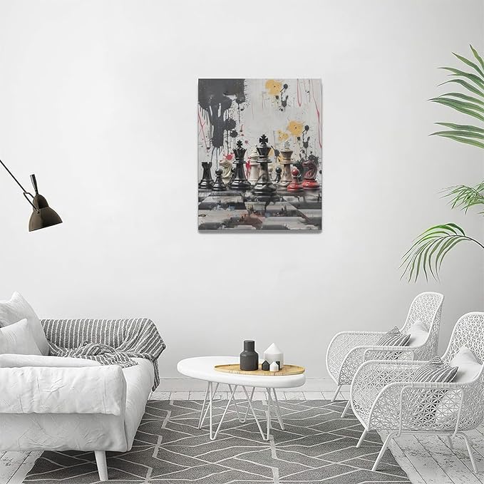 Chess Wall Art Intelligence Game Room Pictures Wall Decor Graffiti Chess Challenge Canvas Painting Print Home Modern Artwork Decorations Framed for Bathroom Living Room Bedroom Office 16 x 20 inch