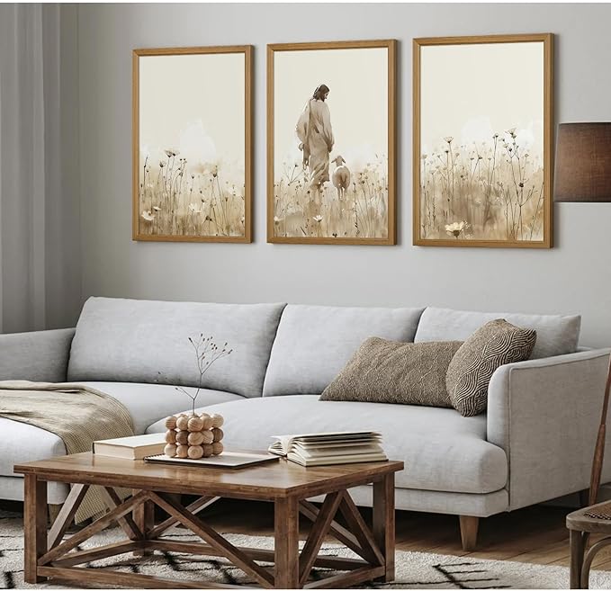 Jesus Leaves the 99 Sheep Wall Art Christian Canvas Poster Jesus and Lamb Wall Decor Religious Pictures Lost Sheep Painting God Christ Painting Artwork for Bedroom Living Room 16x24x3 Inch Wood Framed
