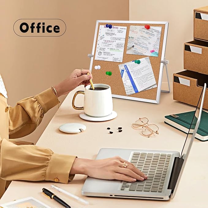 11.81"×11.81" Cork Board Bulletin Board, Double Sided Pin Board with Silver Aluminum Border, Desktop Small Cork Board with Stand Suitable for Home, Office, Desk Message Board or Picture Board